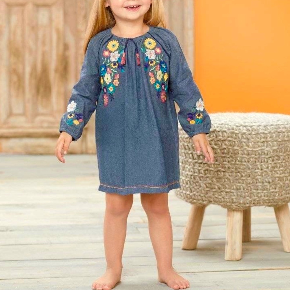 Mud Pie Chambray Embroidered Floral Denim Dress